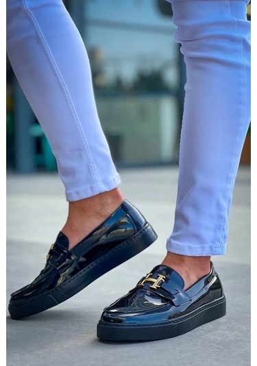 Bağcıksız Kömür Rugan H Günlük Erkek Ayakkabısı Siyah2 Siyah