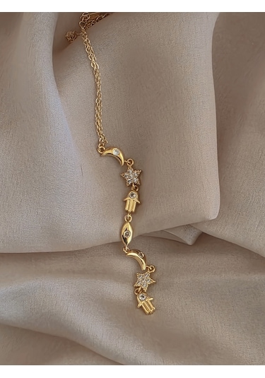 Manifest Y Dikey Sembollü Hamsa Ay Yıldız Figürlü Kolye Gold