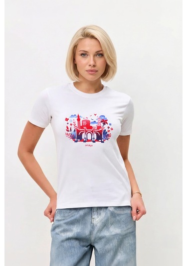 Markapia Kadın Pamuk Antalya Baskılı Beyaz T-shirt