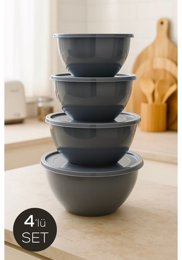 4 Lü Yuvarlak Kase Seti Antrasit 1l, 1.5l, 2.3l, 3.3l Kapaklı Çok Amaçlı Mutfak Saklama Kabı Antrasit