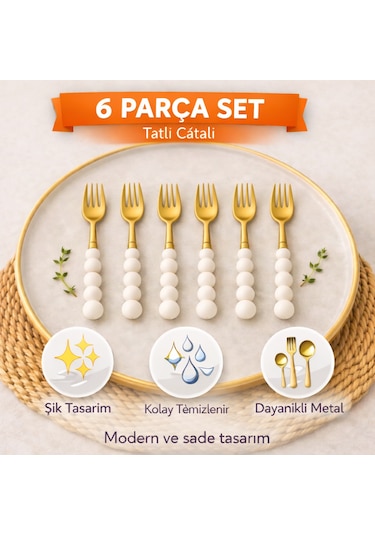 6 Adet Gold İnci Detaylı Tatlı Çatalı Beyaz - Altın
