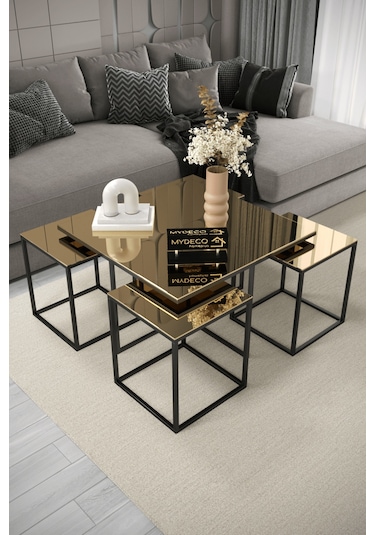 4+1 Siyah Kaplama Bronz Ayna Orta Sehpa