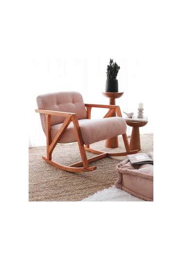 Nini Sallanan Ahşap Berjer Kadife Pembe