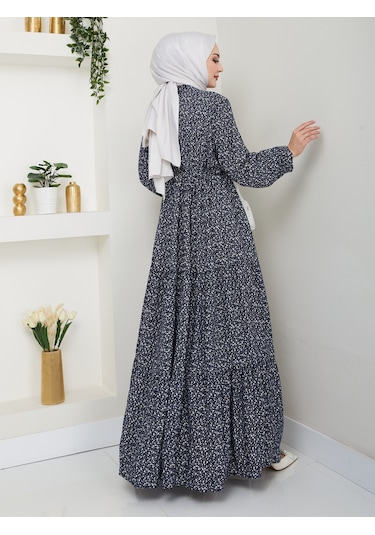 Düğme Detaylı Çiçekli Viskon Elbise - Lacivert / E0123 Lacivert
