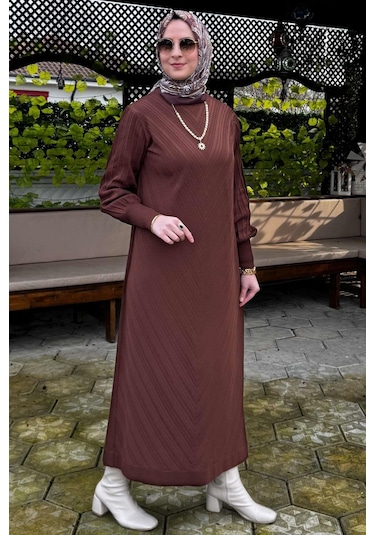 Yağmur Triko Elbise Kahve Normal