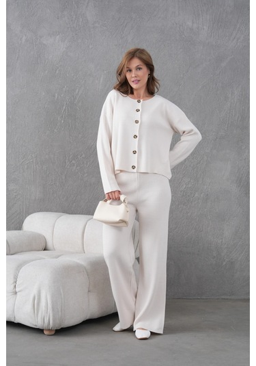 Kadın Bisiklet Yaka Düğme Kapama Kaşkorse Ceket Pantolon İkili Triko Takım Taş