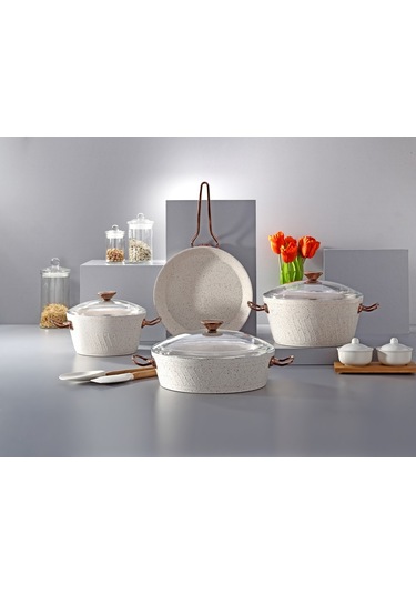 Milena 7 Parça Granit 18-22-26 Cm Tencere & 26cm Tava Set Beyaz
