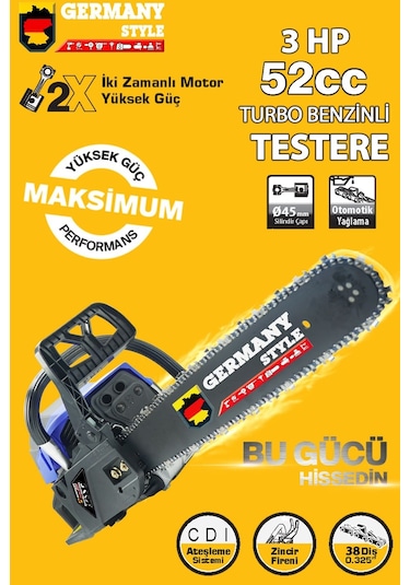Germany Style Alman Turbo MS-650 52 CC Benzinli Hızar Ağaç Kesme Moturu Zincirli Testere