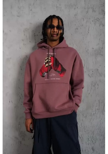 Erkek Eldiven Baskılı Kapüşonlu Sweat - Gül Kurusu renkli