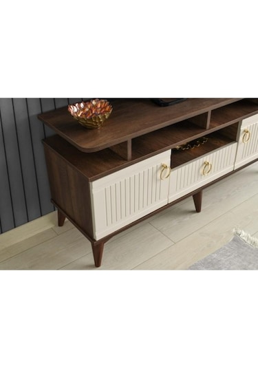 110 CM MDF MEBRAN KAPAK RAFLI TV SEHPASI BAROK CEVİZ - KREM