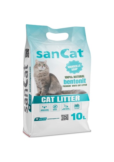 Sancat Premium Marsilya Sabun Kokulu Topaklaşan Beyaz Bentonit Kedi Kumu 10 L