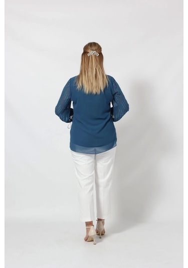 3243 Kolu Taş Baskılı Şık Bluz İndigo Indigo
