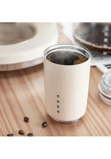 Monyee Smeg İtalyan Üretimi 320 Ml Çift Duvarlı Paslanmaz Çelik Termos Kupa, Kapaklı, Beyaz, Günlük Kullanım İçin Beyaz Sarı