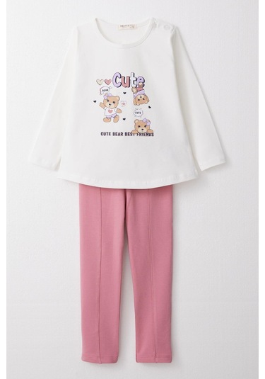 Breeze Kız Bebek Taytlı Takım Sevimli Dostlar Temalı Ayıcık Baskılı 9 Ay-3 Yaş, Beyaz-beyaz Beyaz