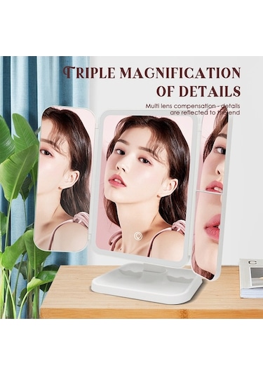 Flybuy Üçlü Sıcaklığı Renk Makyaj Led Katlı Kade Büyütme Aynası Ayarlanabilir 3 +3x +2x Ks Beyaz