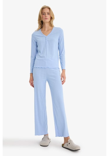 Defacto Pijama Takımı Regular Fit Ribana Uzun Kollu Üst Uzun Alt-fall İn Love D2273ax25aube551 Mavi