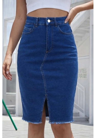 Defymoda Kadın Yüksek Bel Önden Yırtmaçlı Kısa Kot Etek Mavi