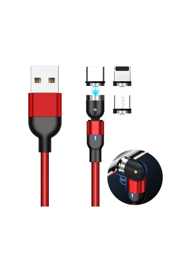 2m 2a Çıkış 3'ü 1 Arada Usb - 8 Pin Usb-c / Type-c Mikro Usb Naylon Örgülü Döndürmeli Manyetik Şarj Kablosu Kırmızı