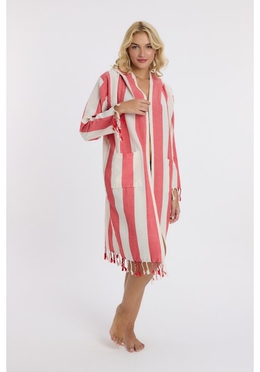 Mulberry Striped Peştemal Bornoz Banyo Ve Plaj Elbisesi Kırmızı