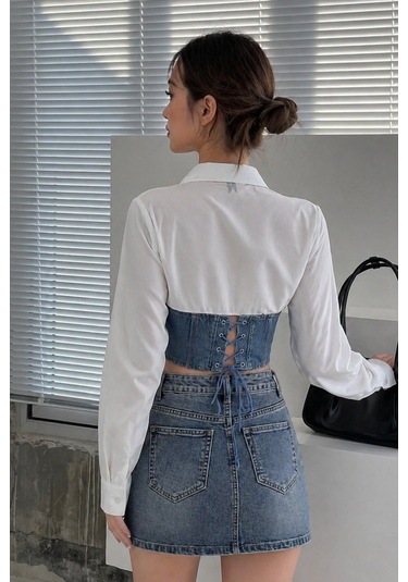 Tarz Cool Kadın Kot Korse Detaylı Özel Tasarım Slim Gömlek Beyaz