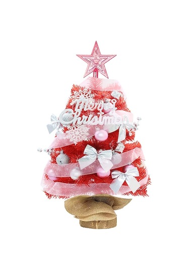 45cm Pembe Pvc Masaüstü Noel Ağacı Seti - Dıy Yıldız Şeritli, Aydınlatmasız, Dekoratif Onarlar Hediye