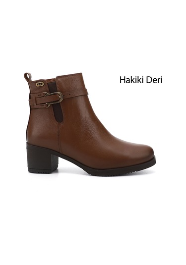 Gönderi R Taba Floter Fermuarlı Kalın Topuklu Hakiki Deri Bot Taba Floter