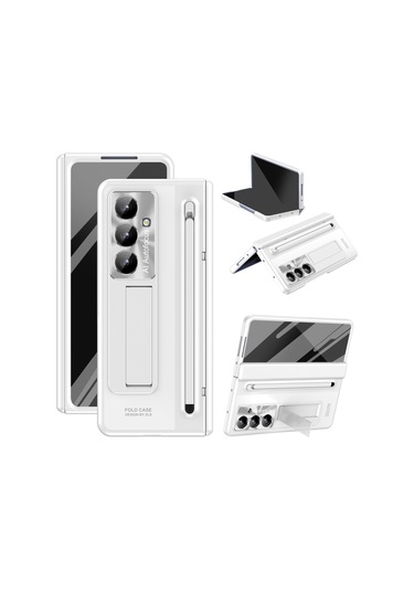 Samsung Galaxy Uyumlu Z Fold7 5g Kılıf Destekli Menteşeli Pc Telefon Kılıfı Temperli Cam Filmi Ve Kalem - Beyaz Beyaz