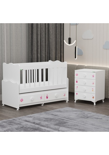 Elegant Mdf Çıtalı Beşik + Şifonyer - Prenses Beyaz