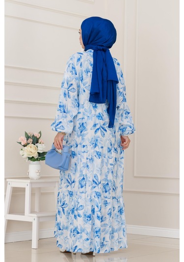 Kuşaklı Çiçekli Lina Elbise-mavi-5260 Mavi