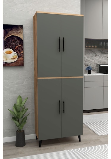 6 Raflı 4 Kapaklı Çok Amaçlı Dolap Beyaz - Atlantik Çam - Koyu Gri Çok Renkli