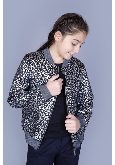 Toontoy Kız Çocuk Leopar Desenli Parlak Hırka Gri