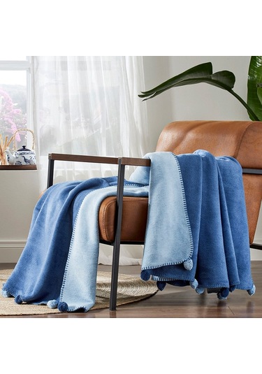 Ponponlu Pamuk Battaniye Çift Kişilik 200x220 Lacivert Mavi Lacivert
