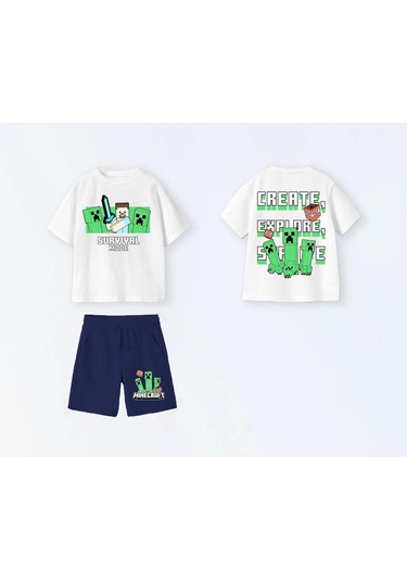 Erkek Çocuk Minecraft Şortlu Takım Beyaz-lacivert Beyaz - Lacivert