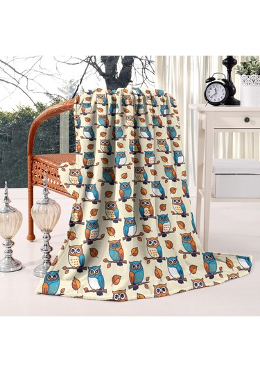 Baykuş Desenli 60x80 İnç Flanel Polar Battaniye, Yumuşak Ve Rahat-a2 Owl Autumn Leaf