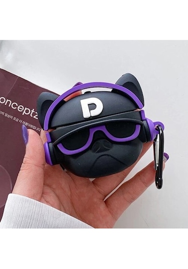 Apple Airpods Pro 3. Nesil 2025 Uyumlu Figürlü Silikon Kılıf Anahtarlıklı Kılıf Siyah - Mor