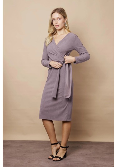 Kadın Kadife Kumaş Kruvaze Anvelop Bağcıklı Uzun Kol Diz Altı Elbise-gri Gri