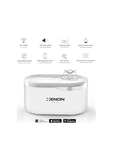 Xenon Smart Akıllı Otomatik Kedi Su Şelalesi, Led Işıklı Ultra Sessiz Beyaz Su Pınarı (X8650)