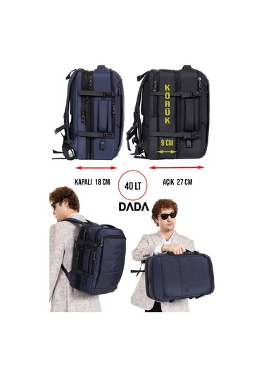 Körüklü Laptop Sırt ve Seyahat Çantası 15,6 İnç 40 Litre Usb Su Geçirmez Kumaş Lacivert Dada 12