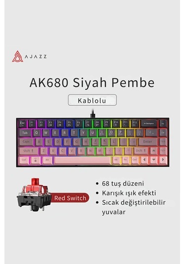 Ak680 Kırmızı Switch Hot-swap Kablolu Mekanik Oyuncu Gaming Klavye - Pembe