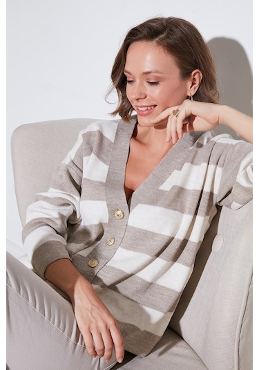 Lela Regular Fit Çizgili V Yaka Düğmeli Soft Akrilik Bayan Hırka 4615188 Vizon-Taş