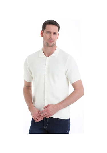 Hatemoğlu Regular Fit Düz Düğmeli Kısa Kollu Triko Hırka 34162024c001 048 - Ekru