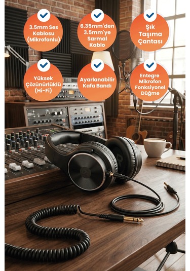 108db Studio Hifi Kablolu Kulak Üstü Kulaklık, 50mm Sürücü, Mikrofonlu, Siyah