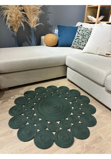 Mavaux Hasır Jüt Çiçek Desenli Kilim Halı Yeşil
