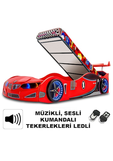 Gt1 - Bazalı Arabalı Yatak - Kumandalı, Sesli, Kırmızı Tek Kişilik