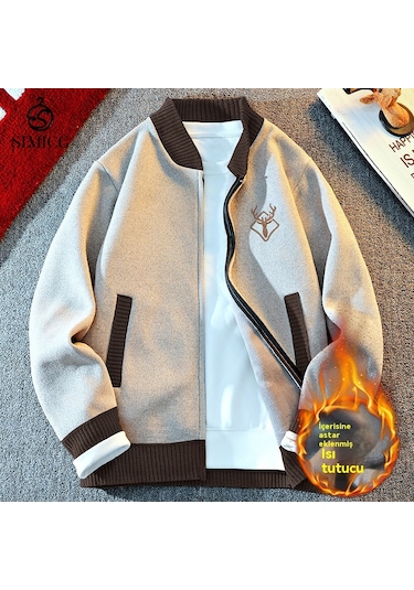 Erkek Fermuarlı Örme Polar Hırka Kazak Bej