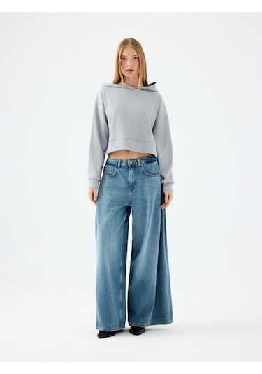 Long Crop Kadın Sweatshirt Gri Melanj