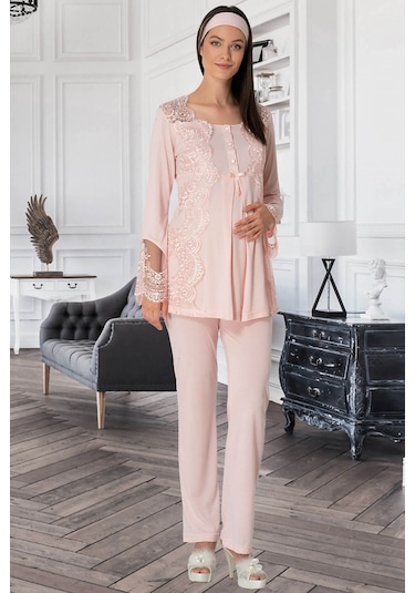 Mecit 5355 Pudra Lohusa Sabahlık Pijama Gecelik Takım
