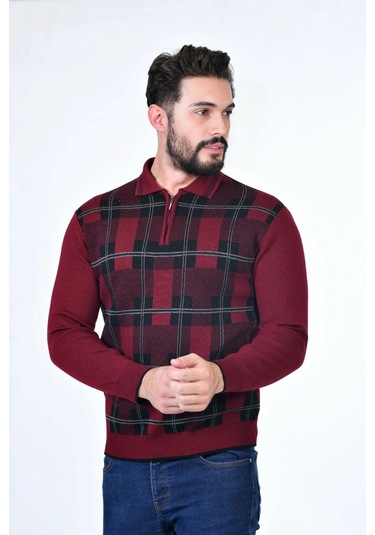 Kamalı Erkek Çelik Örgü Oduncu Desenli Gömlek Yaka Fermuarlı Polo Yakalı Tüylenmez Triko Kışlık Baba Kazak Bordo