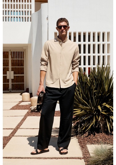 JEZER Erkek Hakim Yaka Uzun Kollu %100 Pamuk Regular Fit Bej Gömlek