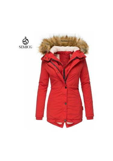 Kışın Sıcak Kürk Yakalı Kadın Fermuarlı Uzun Kollu Pamuklu Ceket Kırmızı